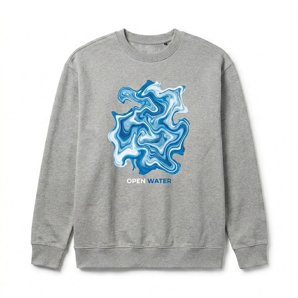 Custom Unisex Premium Crew Neck Sweatshirt design direction 2: Bold Abstract Graphic featuring the OPEN WATER wordmark