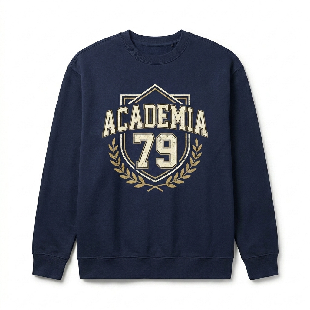 Custom Unisex Premium Crew Neck Sweatshirt design direction 3: Retro Collegiate Emblem featuring the ACADEMIA 79 wordmark