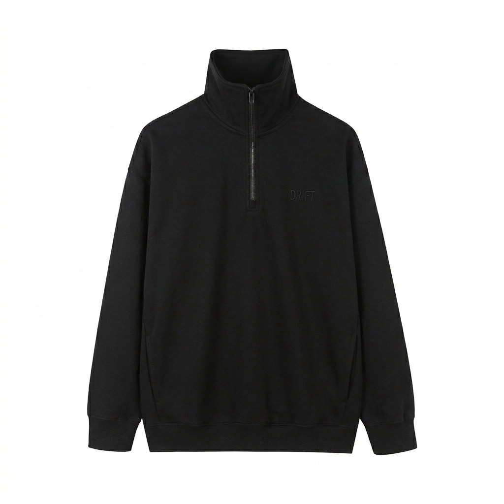 Custom Quarter-Zip Drop Shoulder Sweatshirt design direction 1: Tonal Heritage Wordmark featuring the DRIFT wordmark