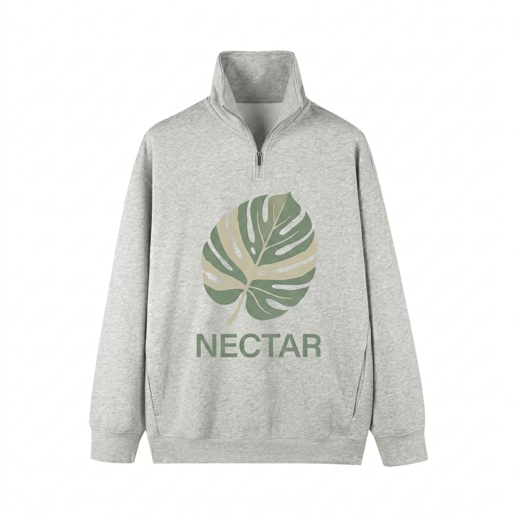 Custom Quarter-Zip Drop Shoulder Sweatshirt design direction 2: Abstract Botanical Graphic featuring the NECTAR wordmark