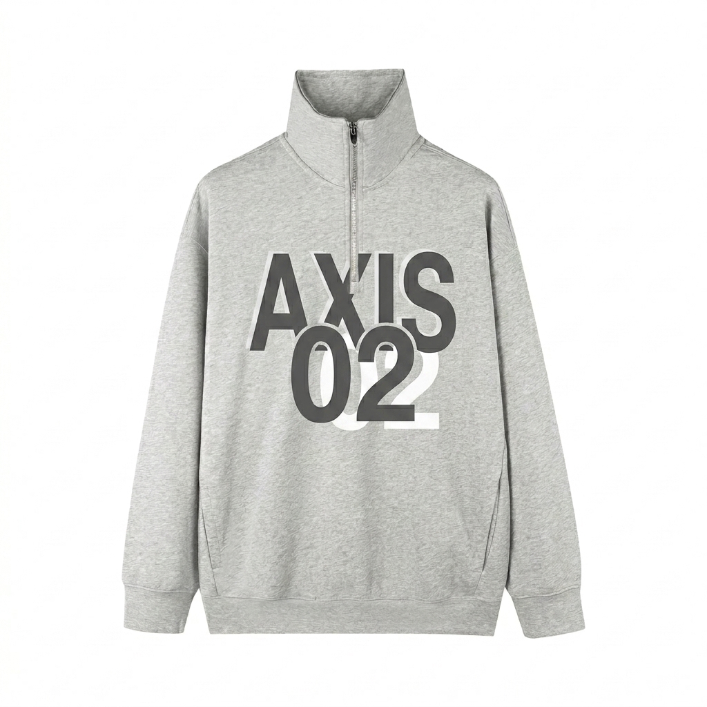 Custom Quarter-Zip Drop Shoulder Sweatshirt design direction 3: Deconstructed Typography featuring the AXIS 02 wordmark