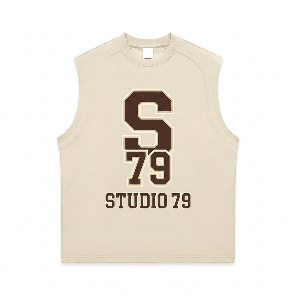 Custom Quick-Dry Cooling Tank Top design direction 2: Retro Collegiate Emblem featuring the STUDIO 79 wordmark