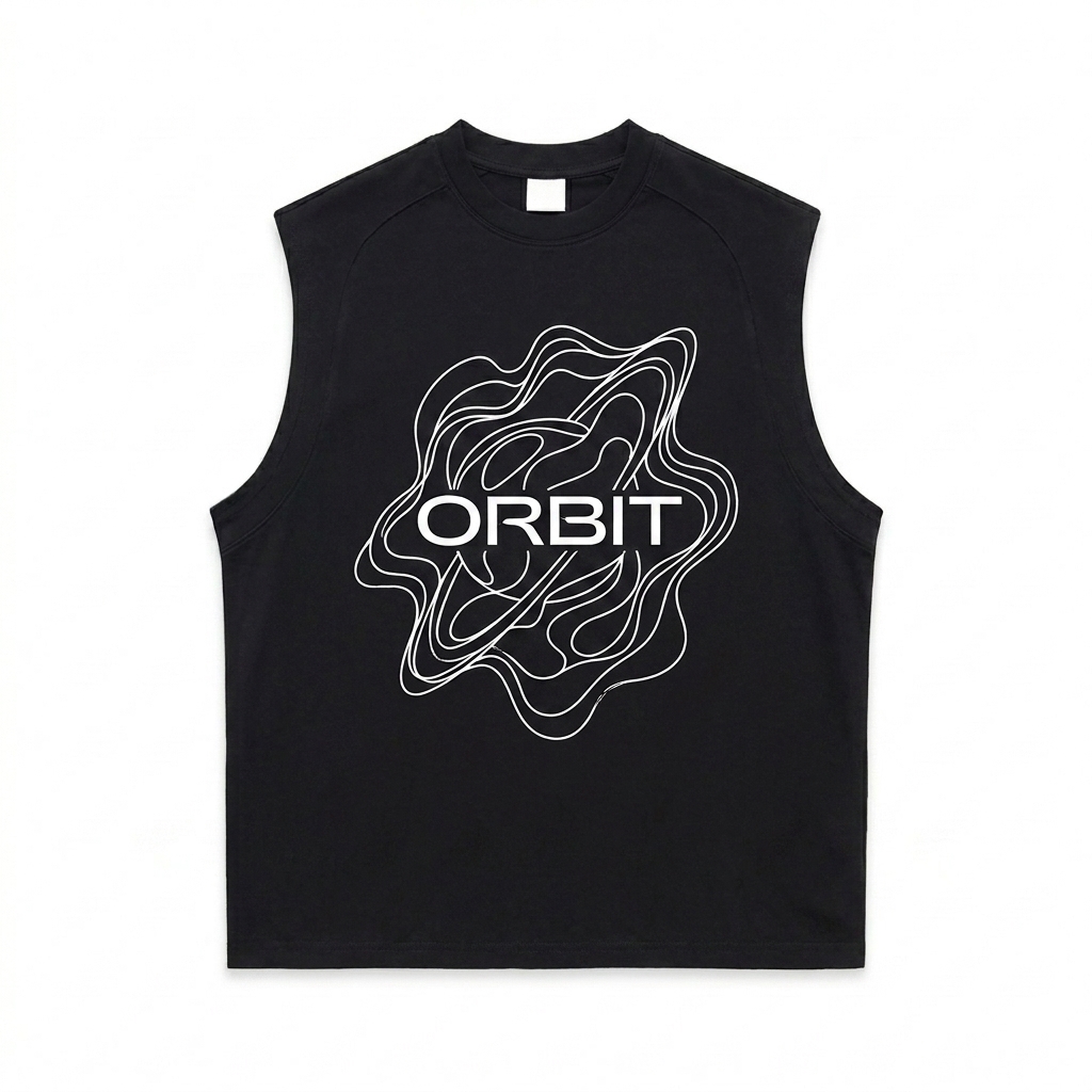 Custom Quick-Dry Cooling Tank Top design direction 3: Abstract Line Art Graphic featuring the ORBIT wordmark