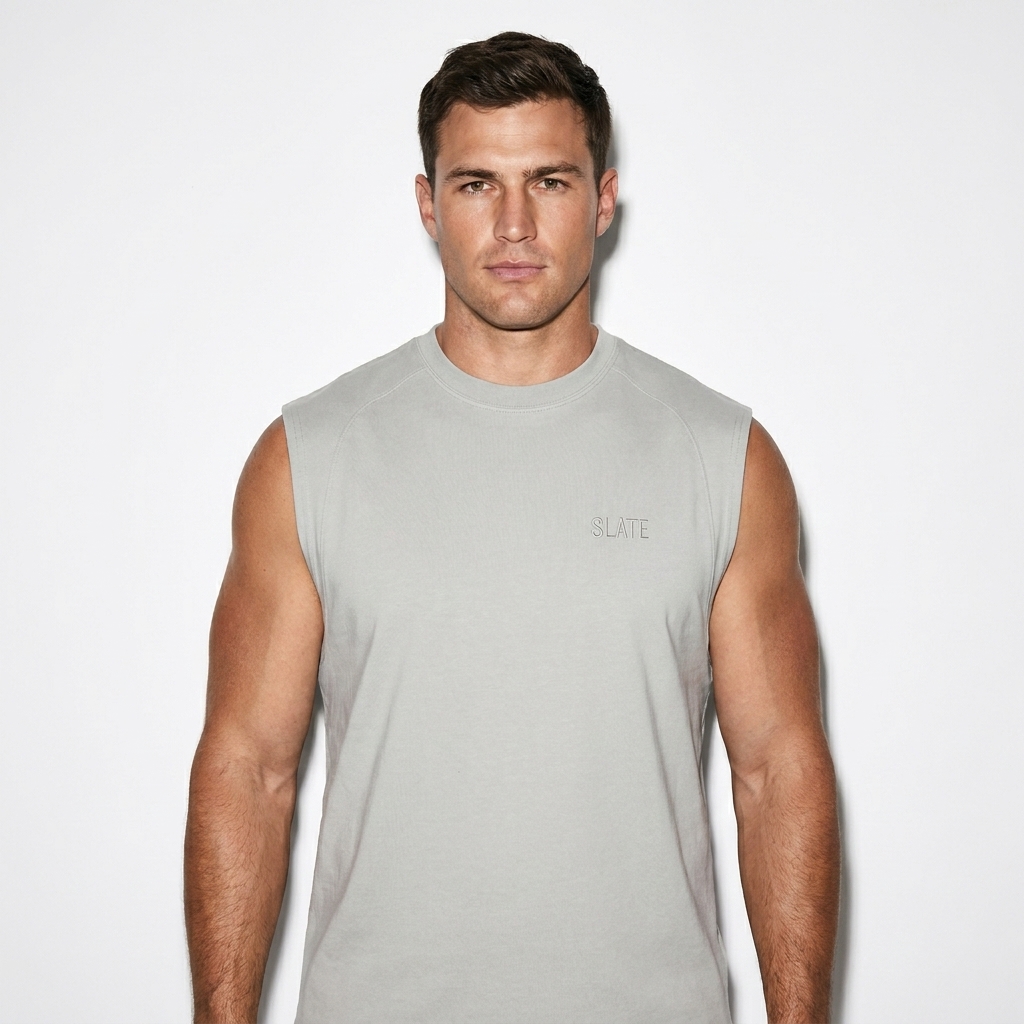 Quick-Dry Cooling Tank Top worn by a broad-shouldered Australian male fashion influencer, workwear utility styling, studio lookbook — custom quick-dry cooling tank top