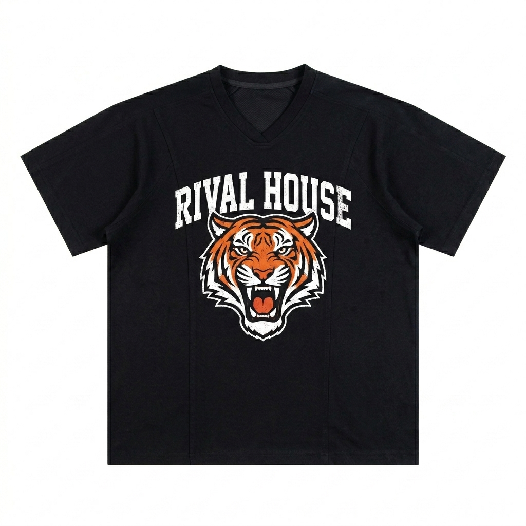Custom Performance V-Neck T-Shirt design direction 2: Retro Collegiate Graphic featuring the RIVAL HOUSE wordmark