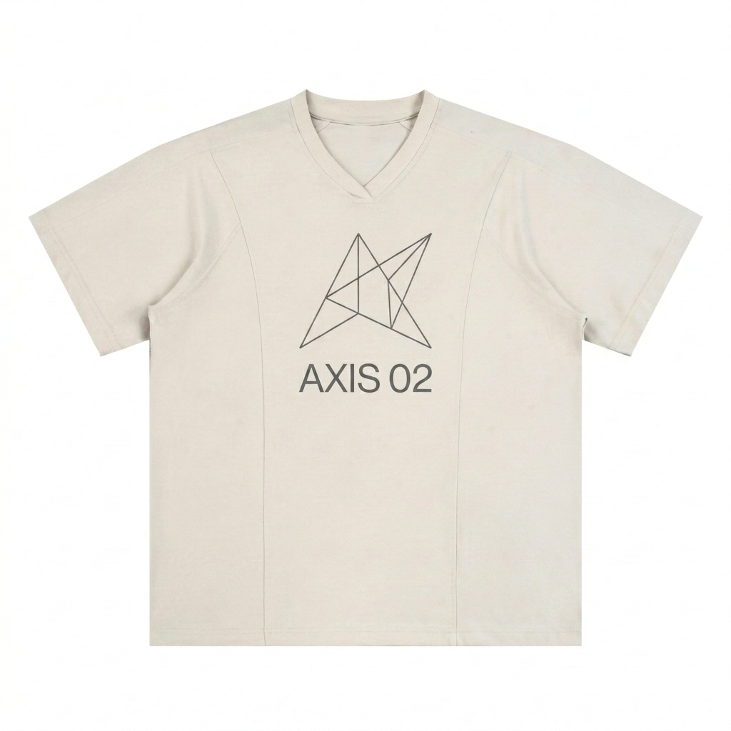 Custom Performance V-Neck T-Shirt design direction 3: Geometric Line Drawing featuring the AXIS 02 wordmark