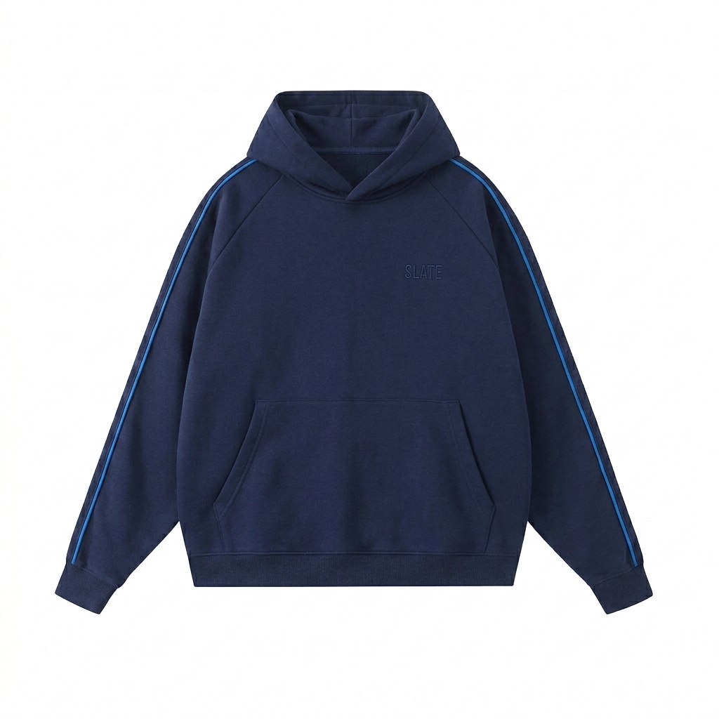 Custom Raglan Contrast Piping Hoodie design direction 1: Tonal Minimalist Wordmark featuring the SLATE wordmark