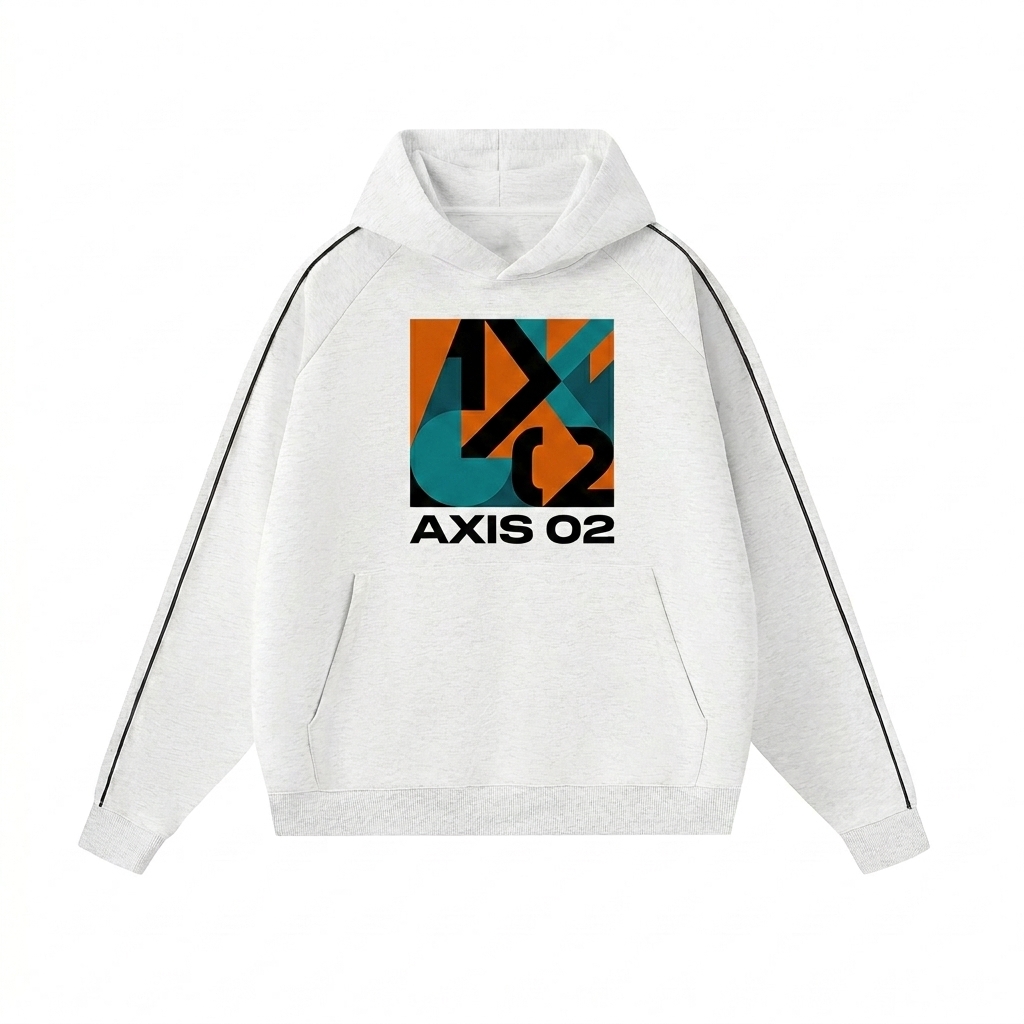 Custom Raglan Contrast Piping Hoodie design direction 2: Bold Abstract Graphic featuring the AXIS 02 wordmark