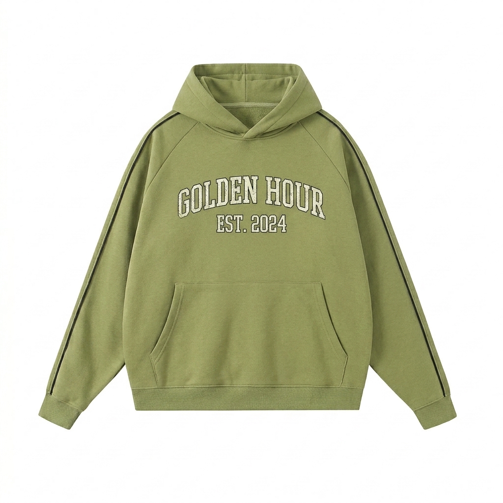 Custom Raglan Contrast Piping Hoodie design direction 3: Retro Collegiate Emblem featuring the GOLDEN HOUR wordmark
