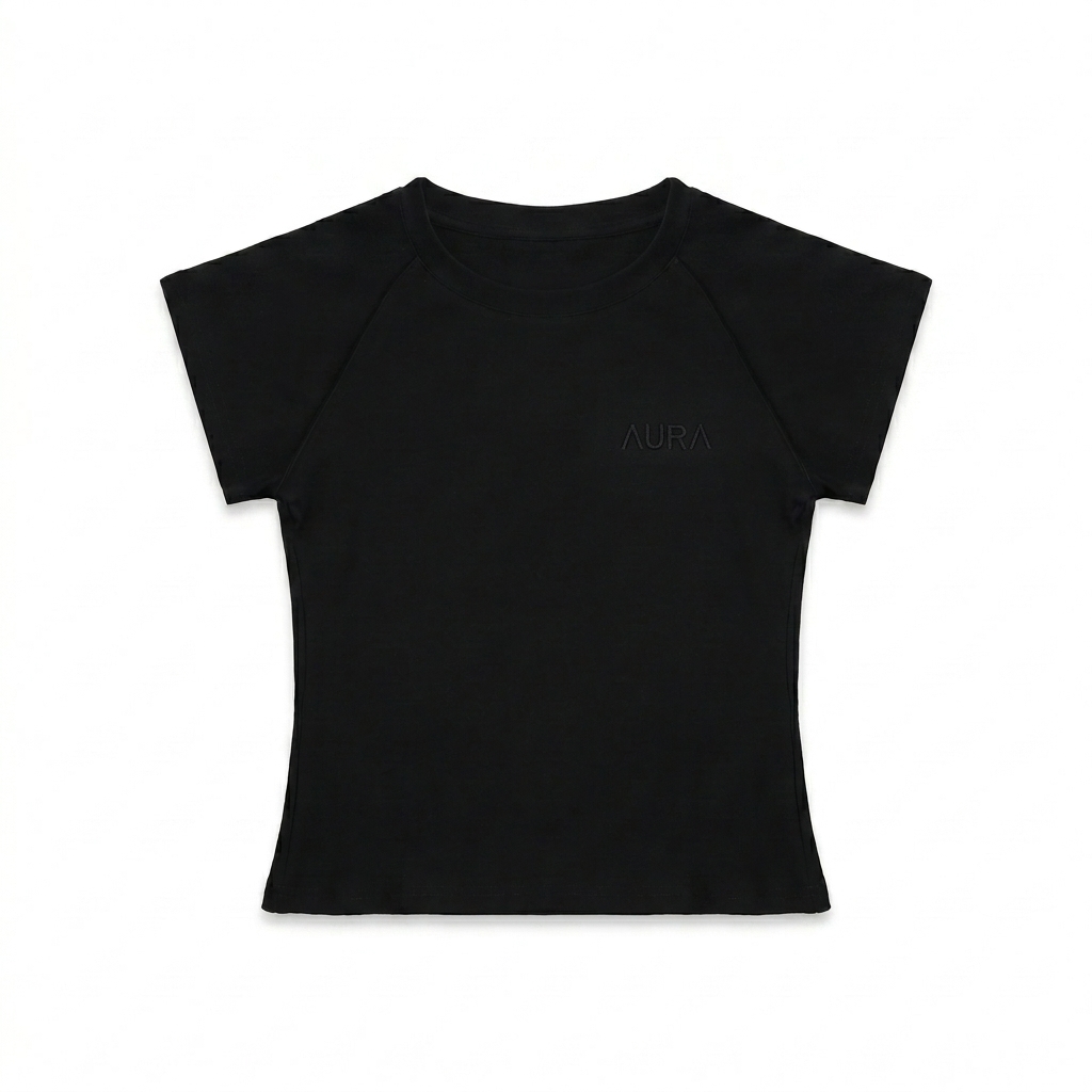 Custom Raglan Sleeve Crop Top design direction 1: Tonal Minimalist Wordmark featuring the AURA wordmark