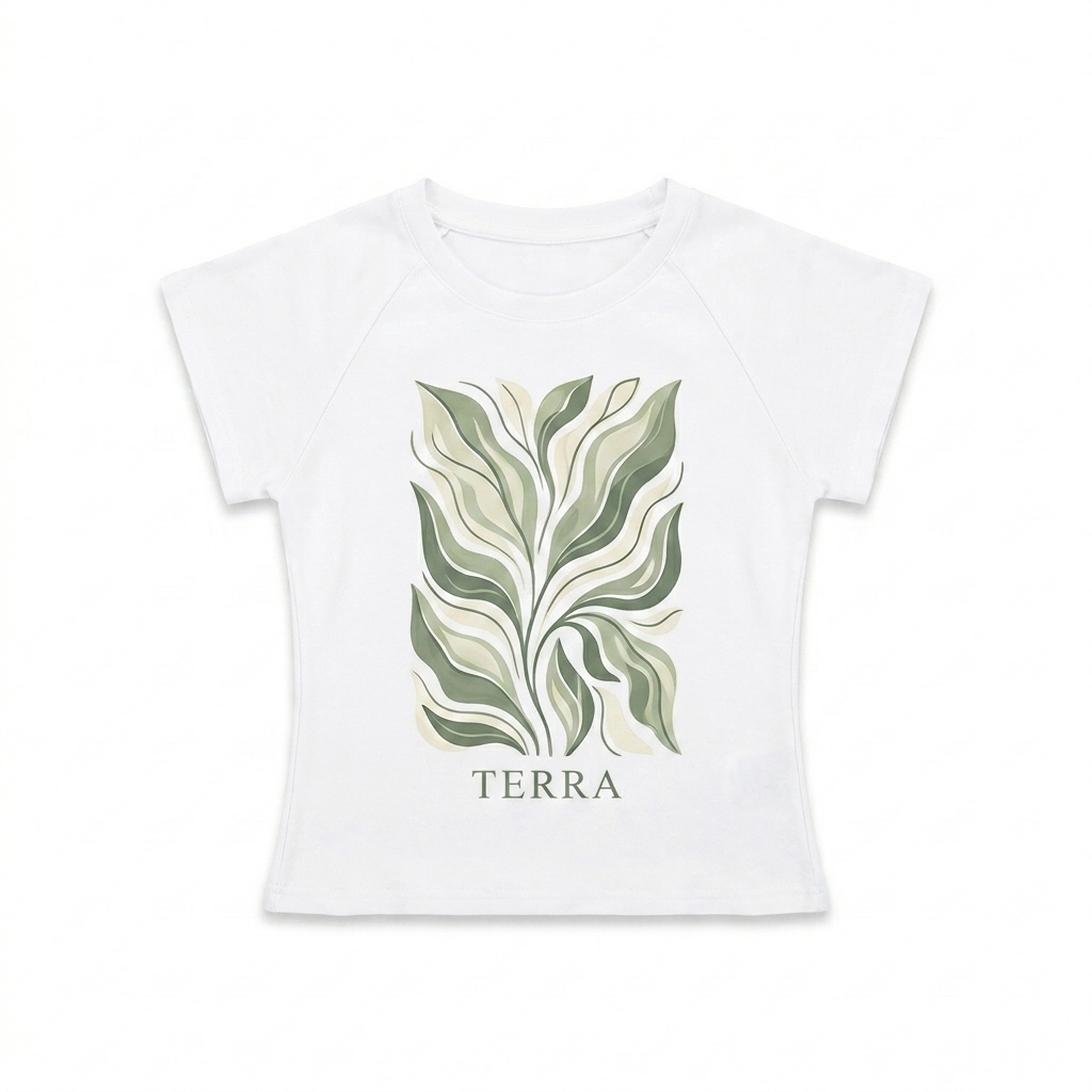 Custom Raglan Sleeve Crop Top design direction 2: Abstract Botanical Graphic featuring the TERRA wordmark