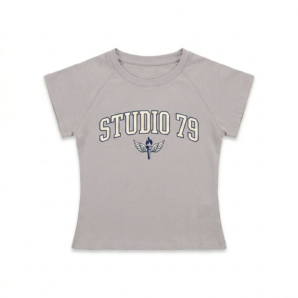 Custom Raglan Sleeve Crop Top design direction 3: Retro Collegiate Emblem featuring the STUDIO 79 wordmark