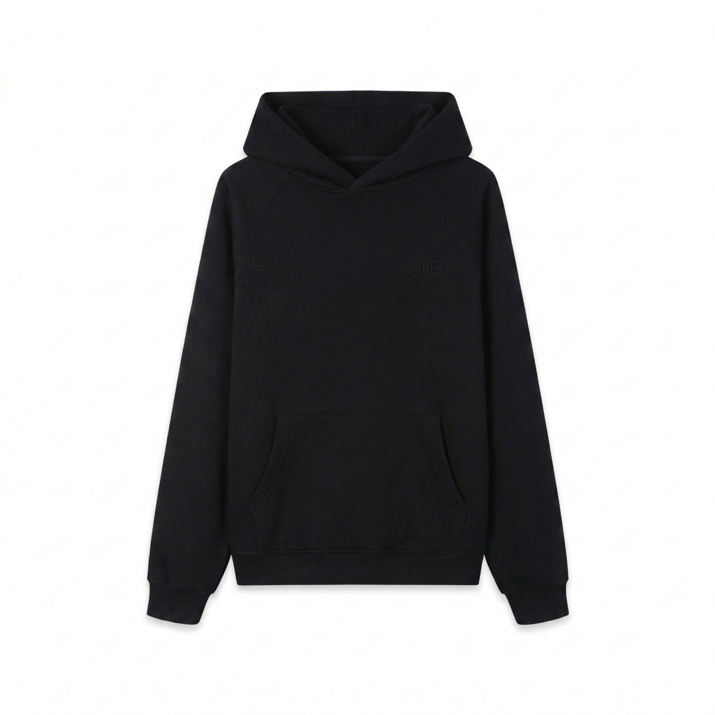 Custom Raglan Sleeve Fleece Hoodie design direction 1: Tonal Minimalist Wordmark featuring the EMBER wordmark