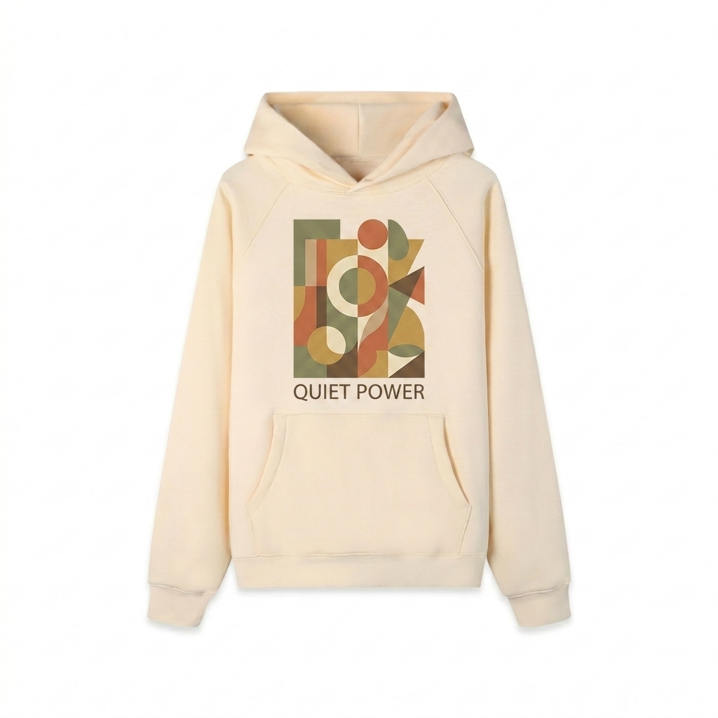Custom Raglan Sleeve Fleece Hoodie design direction 2: Bold Abstract Graphic featuring the QUIET POWER wordmark
