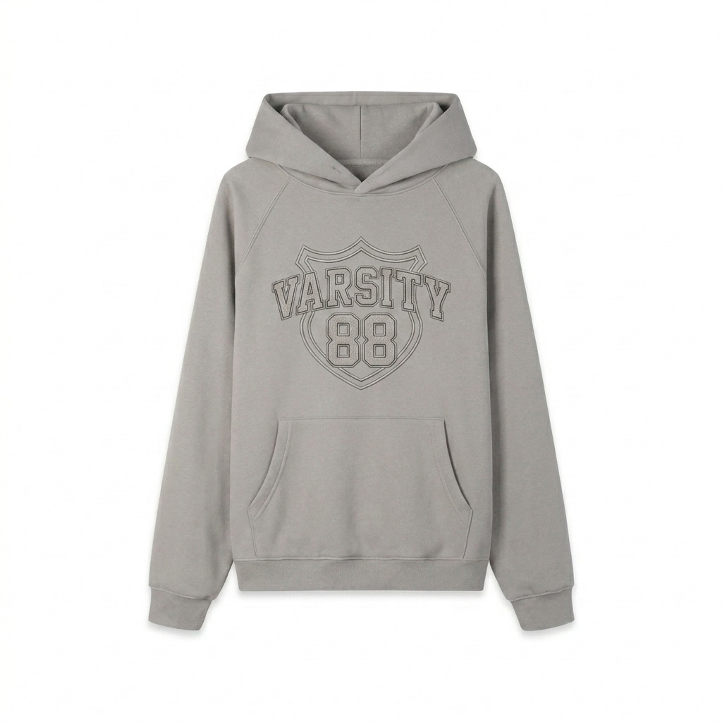 Custom Raglan Sleeve Fleece Hoodie design direction 3: Retro Collegiate Emblem featuring the VARSITY 88 wordmark