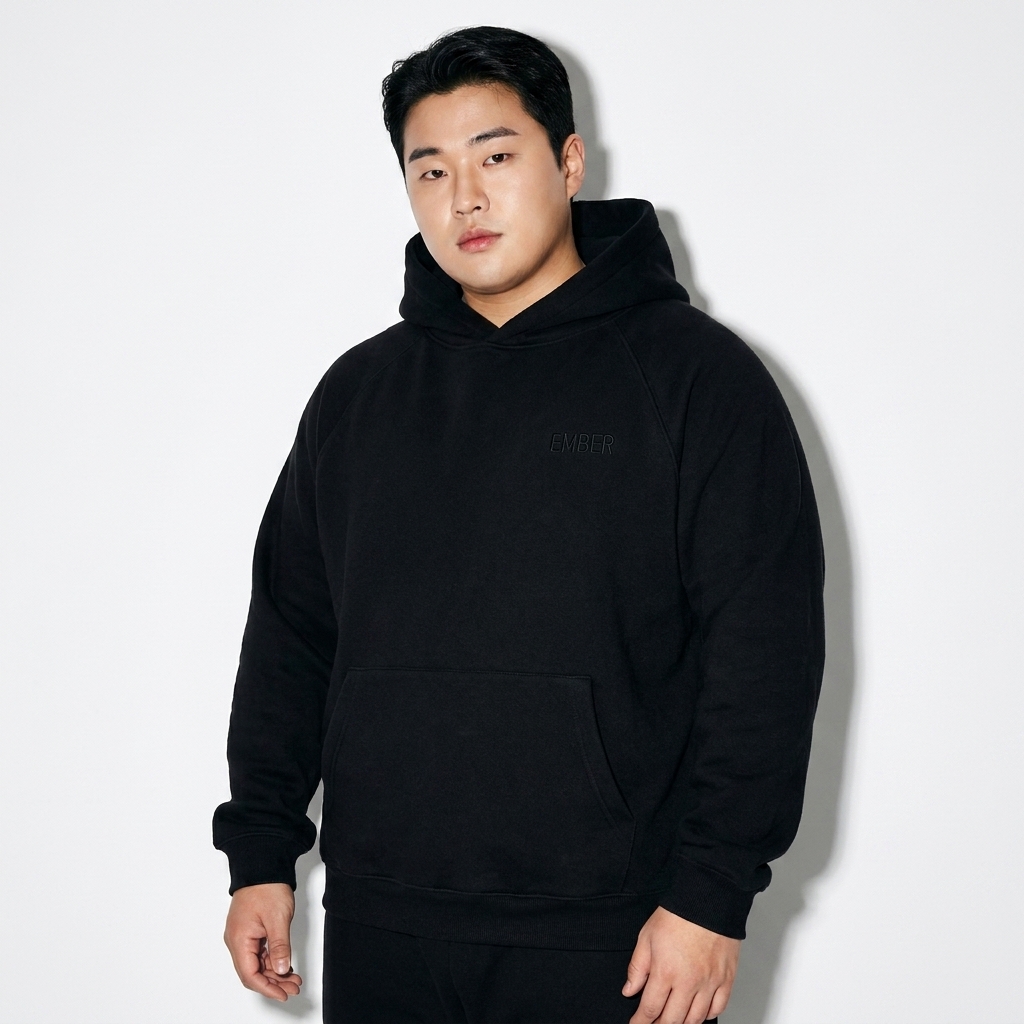 Raglan Sleeve Fleece Hoodie worn by a curvy Korean male fashion influencer, editorial avant-garde styling, studio lookbook — custom raglan sleeve fleece hoodie