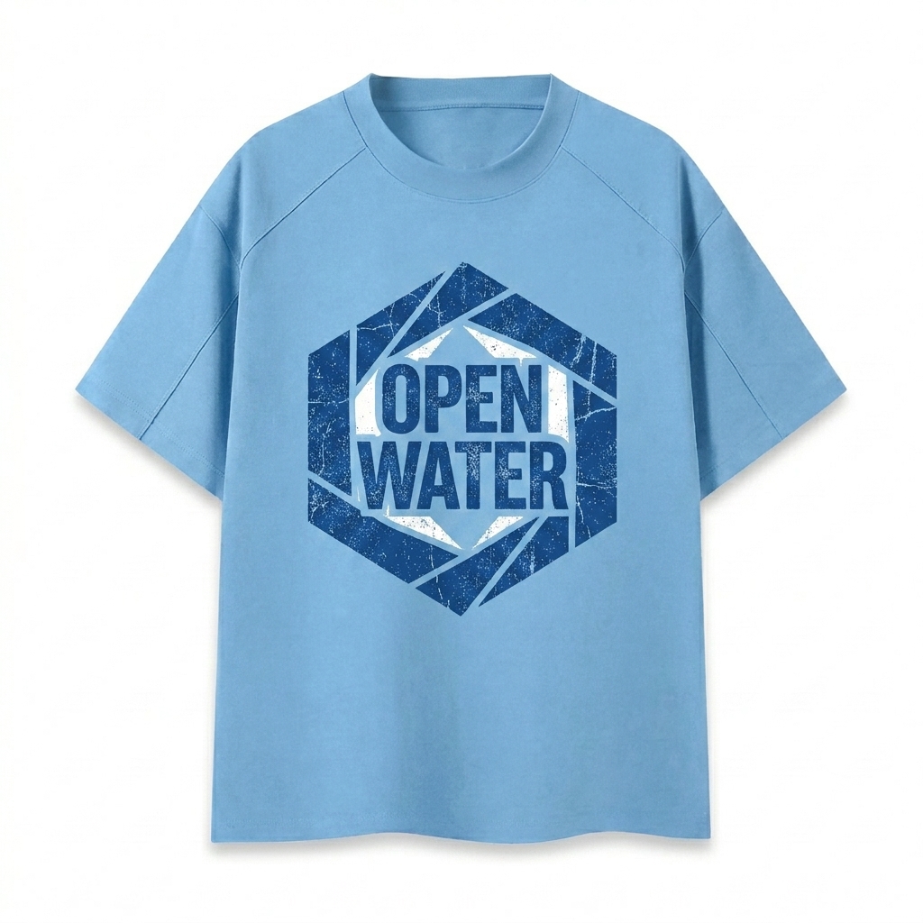 Custom Raglan Sleeve T-Shirt design direction 2: Bold Abstract Graphic featuring the OPEN WATER wordmark