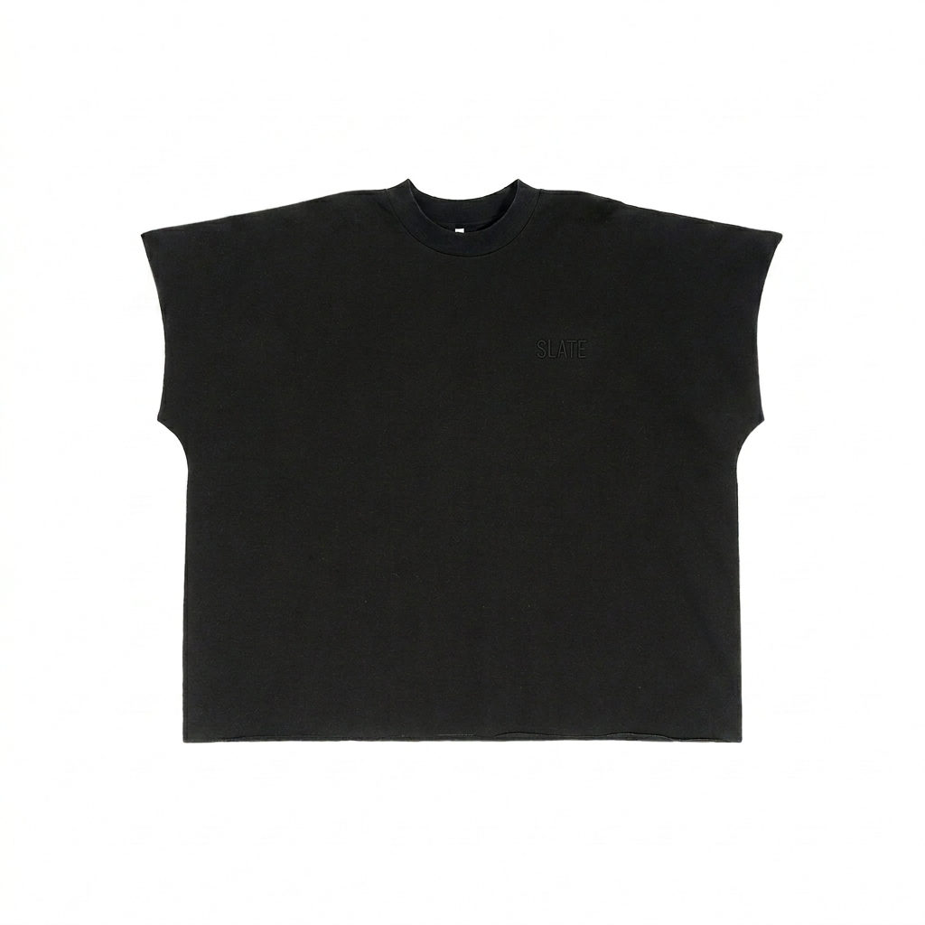 Custom Raw Edge Boxy T-Shirt design direction 1: Tonal Minimalist Wordmark featuring the SLATE wordmark