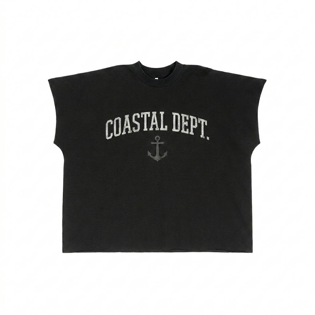 Custom Raw Edge Boxy T-Shirt design direction 3: Retro Collegiate Emblem featuring the COASTAL DEPT. wordmark