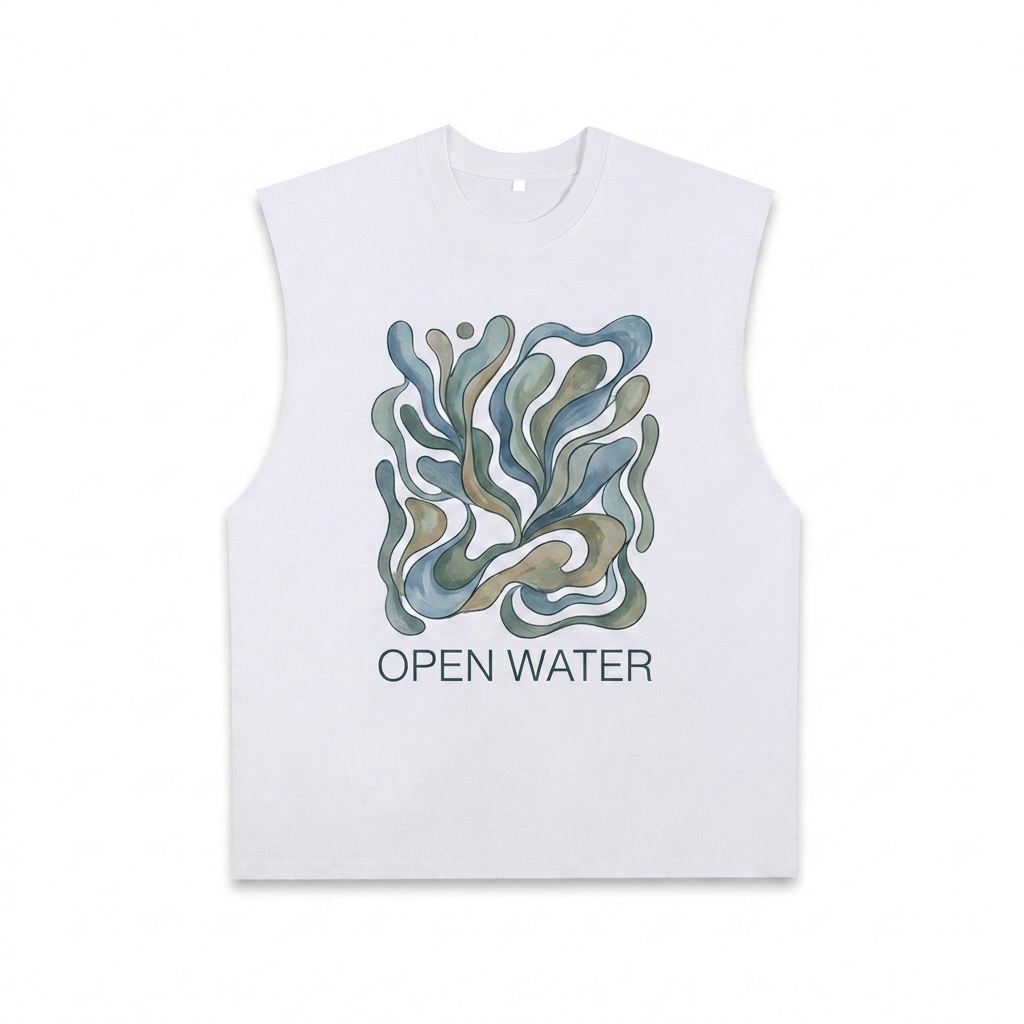 Custom Custom Raw-Edge Cotton Tank Top design direction 2: Bold Graphic Illustration featuring the OPEN WATER wordmark