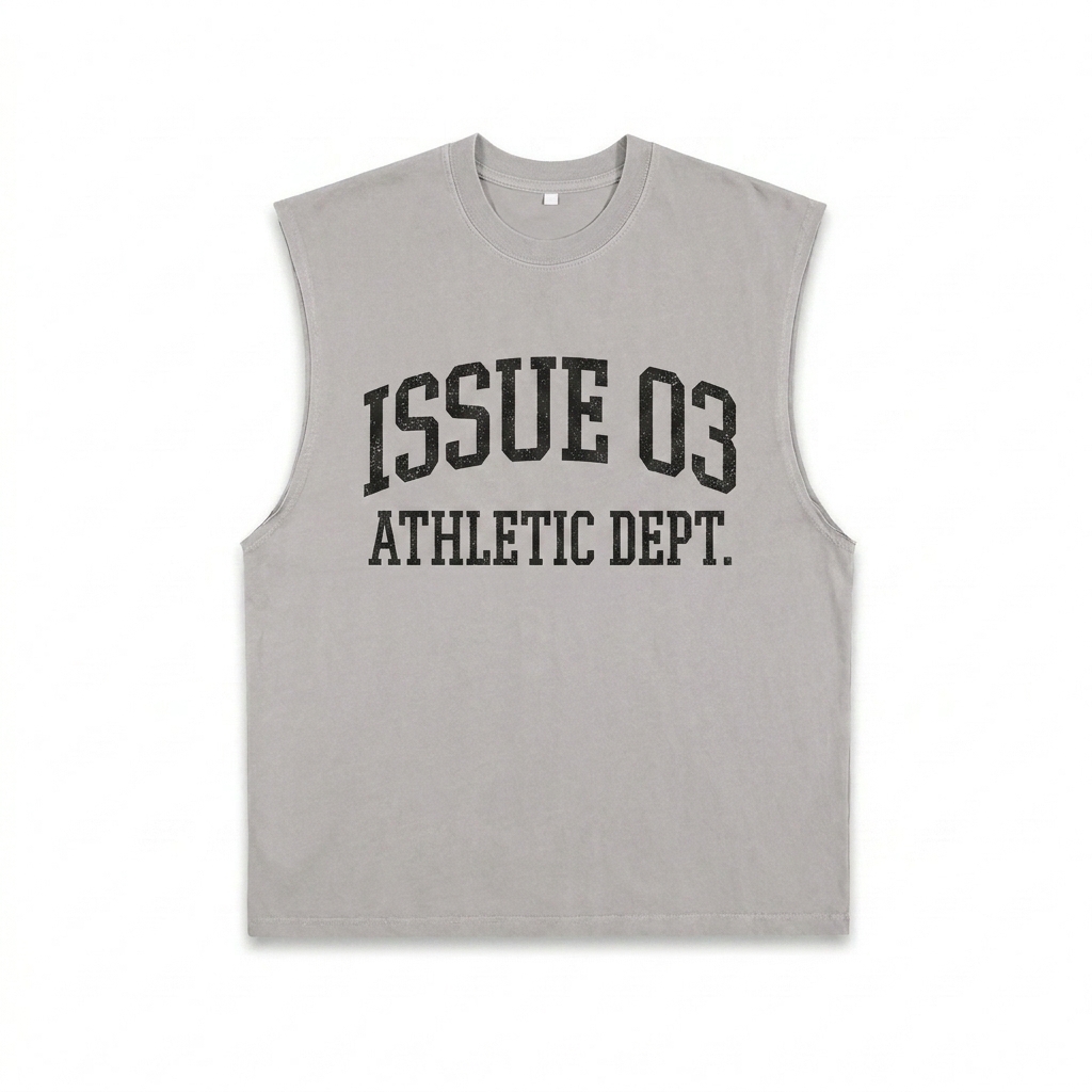 Custom Custom Raw-Edge Cotton Tank Top design direction 3: Retro Collegiate Emblem featuring the ISSUE 03 wordmark