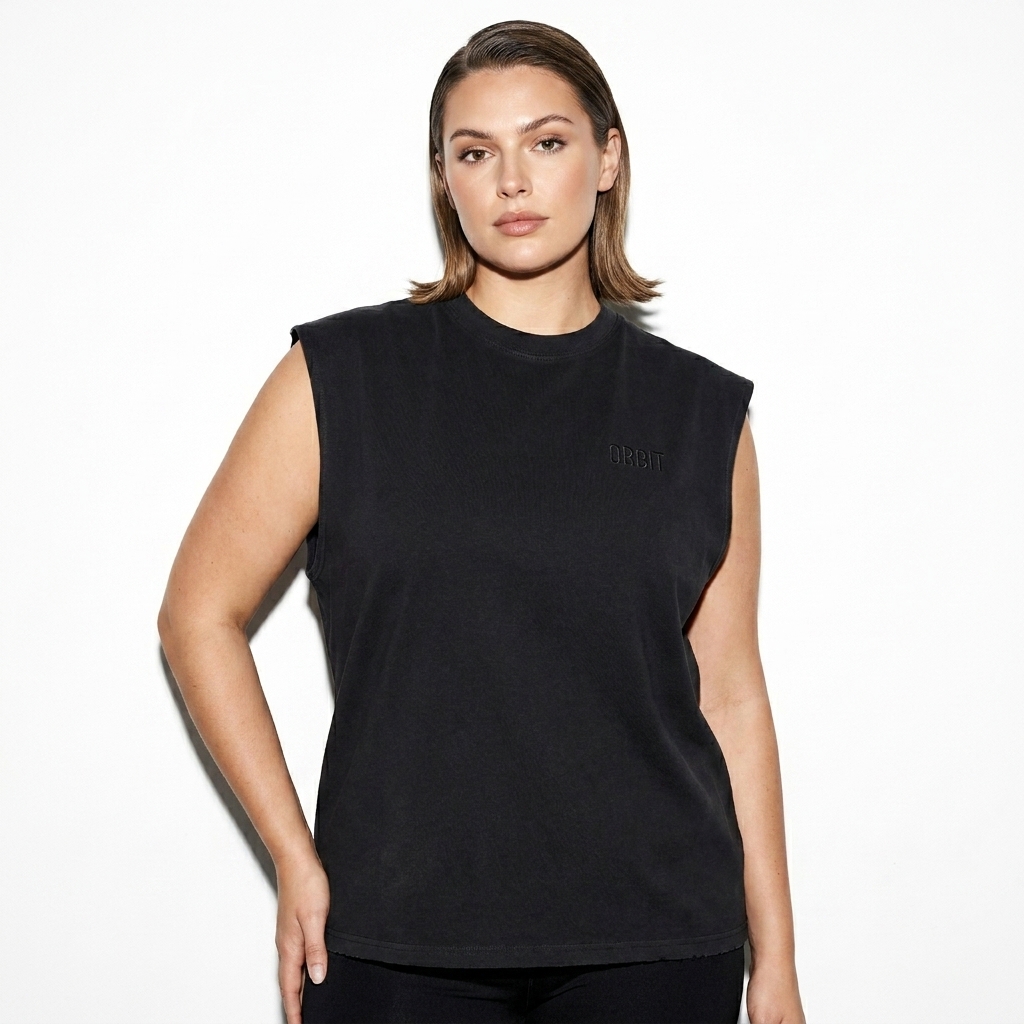 Custom Raw-Edge Cotton Tank Top worn by a mid-size British female fashion influencer, downtown streetwear styling, studio lookbook — custom custom raw-edge cotton tank top