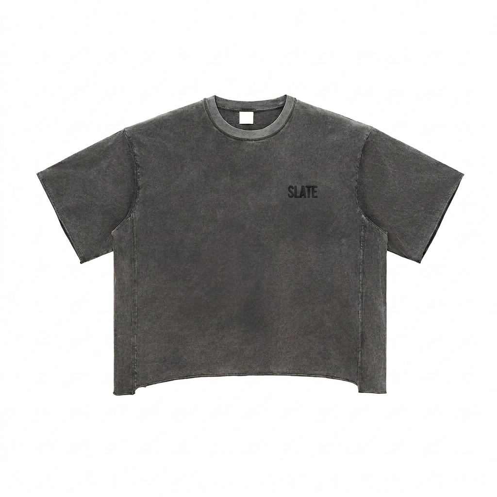 Custom Raw Edge Snow Washed Boxy T-Shirt design direction 1: Tonal Minimalist Wordmark featuring the SLATE wordmark