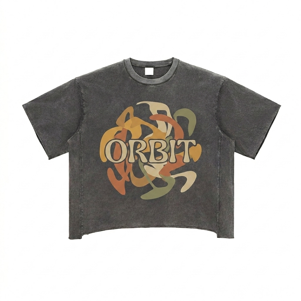 Custom Raw Edge Snow Washed Boxy T-Shirt design direction 2: Bold Abstract Graphic featuring the ORBIT wordmark