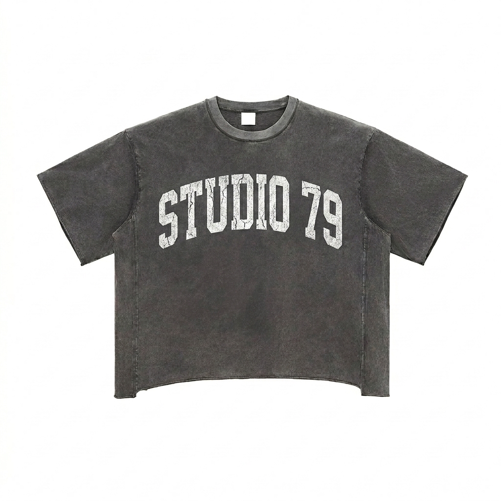 Custom Raw Edge Snow Washed Boxy T-Shirt design direction 3: Retro Collegiate Typography featuring the STUDIO 79 wordmark