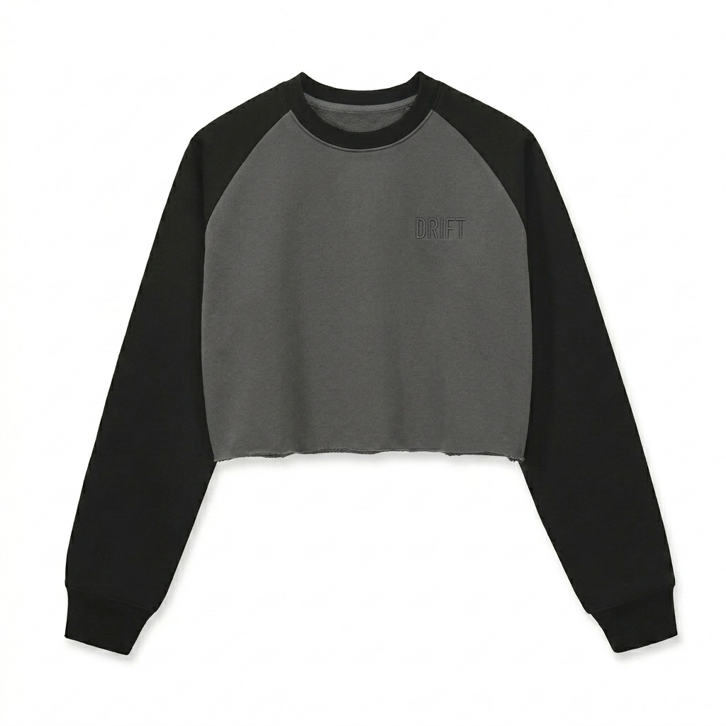 Custom Raw-Hem Color-Block Crop Sweatshirt design direction 1: Tonal Minimalist Wordmark featuring the DRIFT wordmark