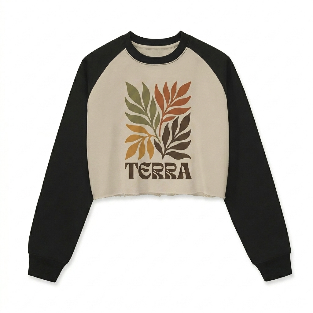 Custom Raw-Hem Color-Block Crop Sweatshirt design direction 2: Botanical Illustration featuring the TERRA wordmark