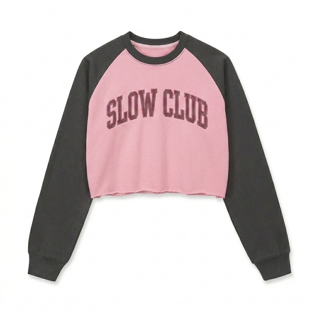 Custom Raw-Hem Color-Block Crop Sweatshirt design direction 3: Retro Collegiate Emblem featuring the SLOW CLUB wordmark