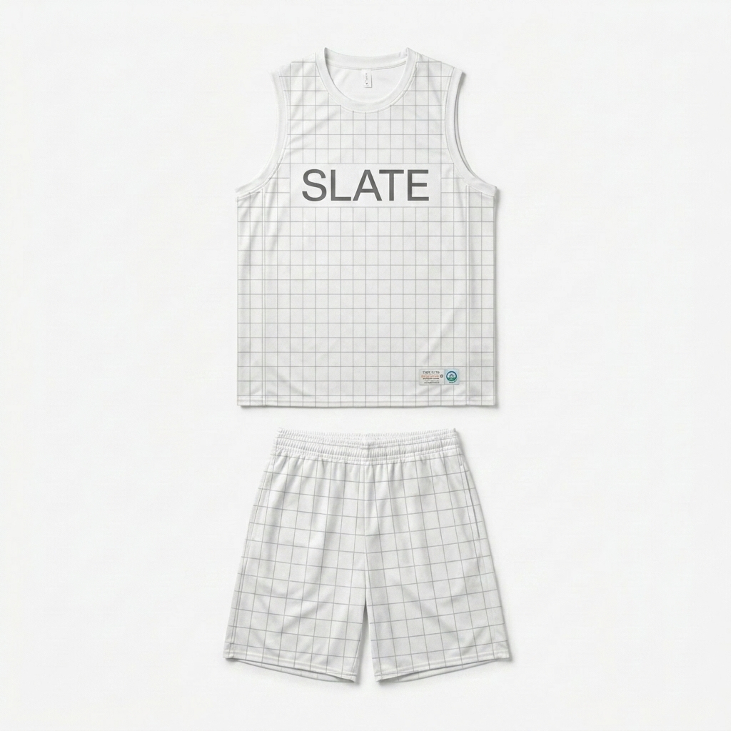 Custom Recycled All-Over Print Basketball Jersey design direction 1: Tonal Minimalist Grid featuring the SLATE wordmark