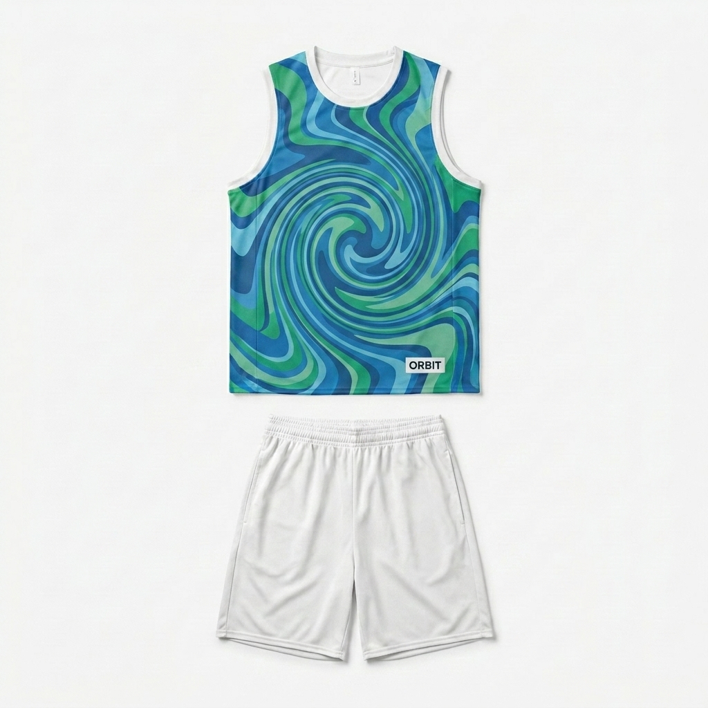 Custom Recycled All-Over Print Basketball Jersey design direction 2: Bold Abstract Flow featuring the ORBIT wordmark