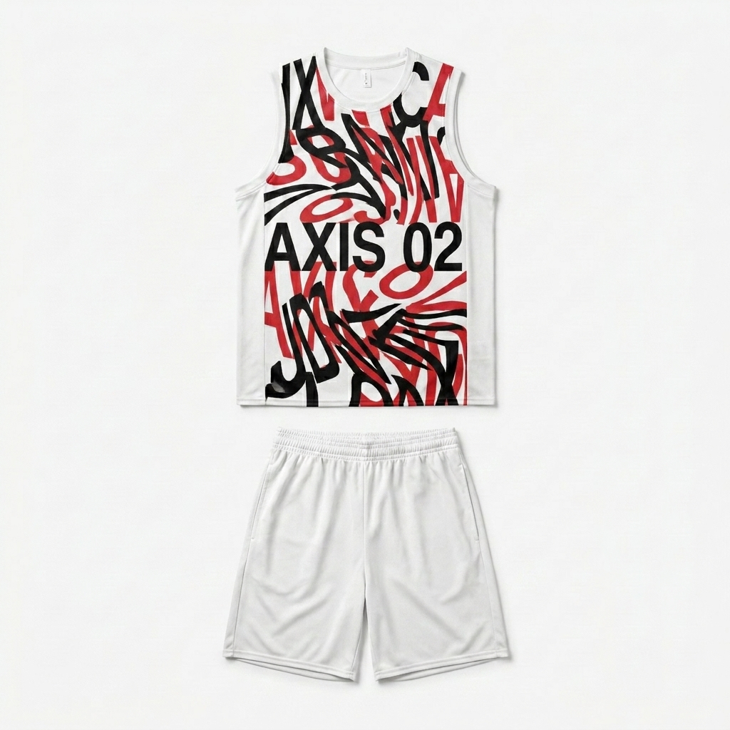 Custom Recycled All-Over Print Basketball Jersey design direction 3: Experimental Typographic Overlay featuring the AXIS 02 wordmark