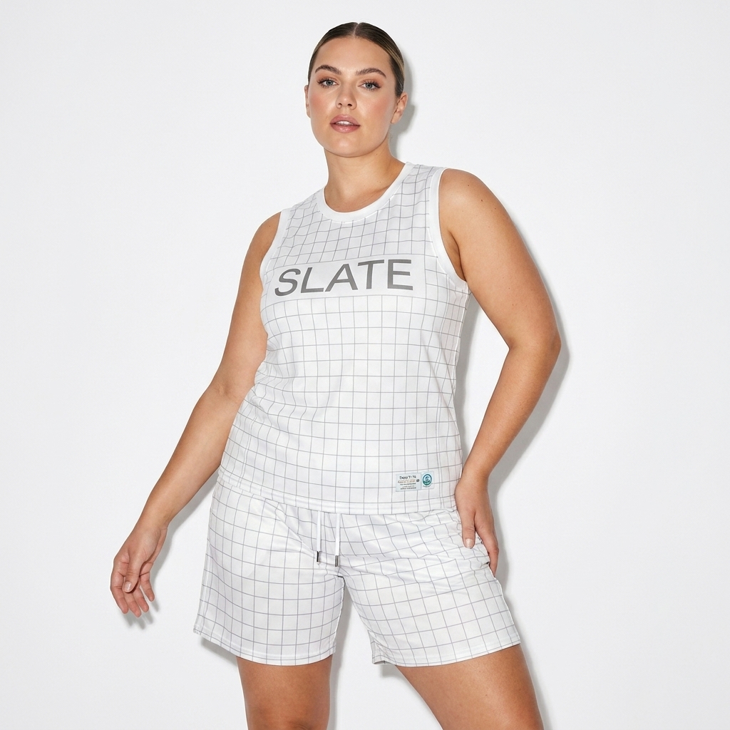 Recycled All-Over Print Basketball Jersey worn by a mid-size British female fashion influencer, workwear utility styling, studio lookbook — custom recycled all-over print basketball jersey