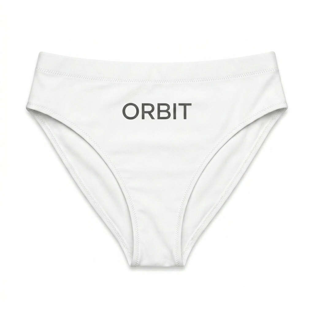 Custom Recycled High-Waisted Bikini Bottom design direction 1: Geometric Gradient Pattern featuring the ORBIT wordmark