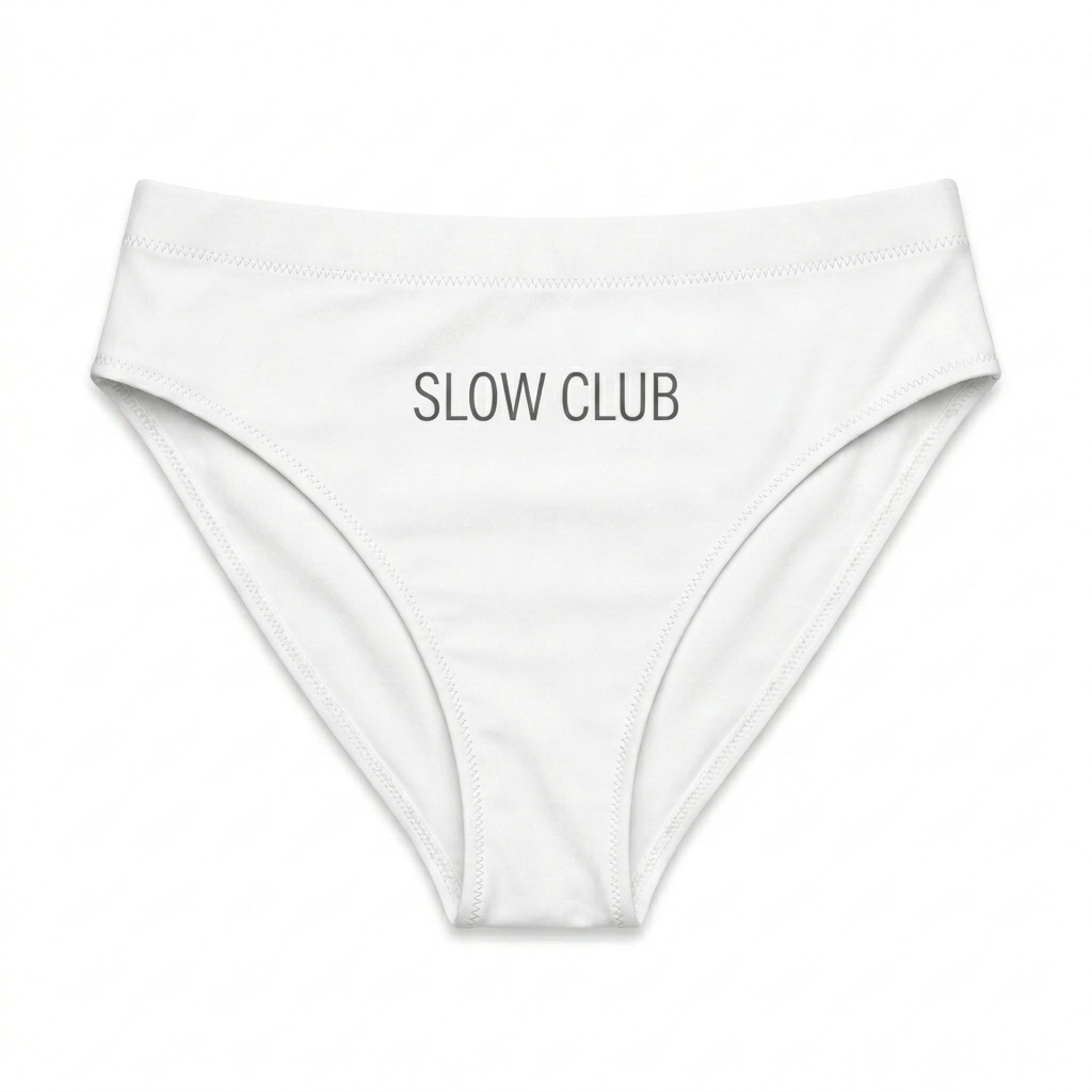 Custom Recycled High-Waisted Bikini Bottom design direction 2: Abstract Botanical Print featuring the SLOW CLUB wordmark