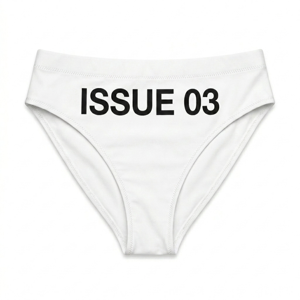 Custom Recycled High-Waisted Bikini Bottom design direction 3: Typographic Grid Repeat featuring the ISSUE 03 wordmark