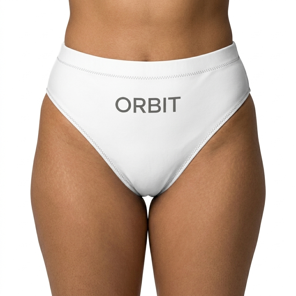 Recycled High-Waisted Bikini Bottom worn by a curvy Indian female fashion influencer, gorpcore outdoor styling, studio lookbook — custom recycled high-waisted bikini bottom