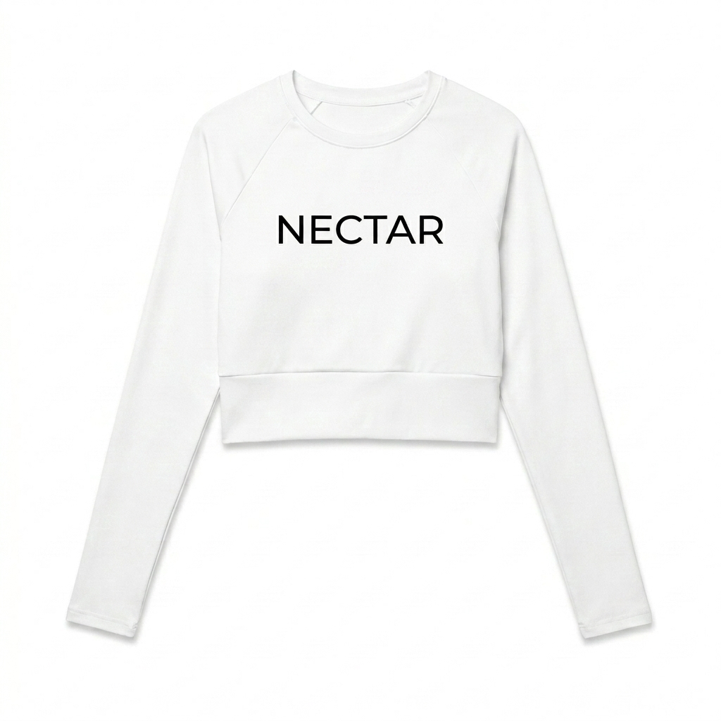 Custom All-Over Print Recycled Long Sleeve Crop Top design direction 1: Tropical Bloom All-Over featuring the NECTAR wordmark