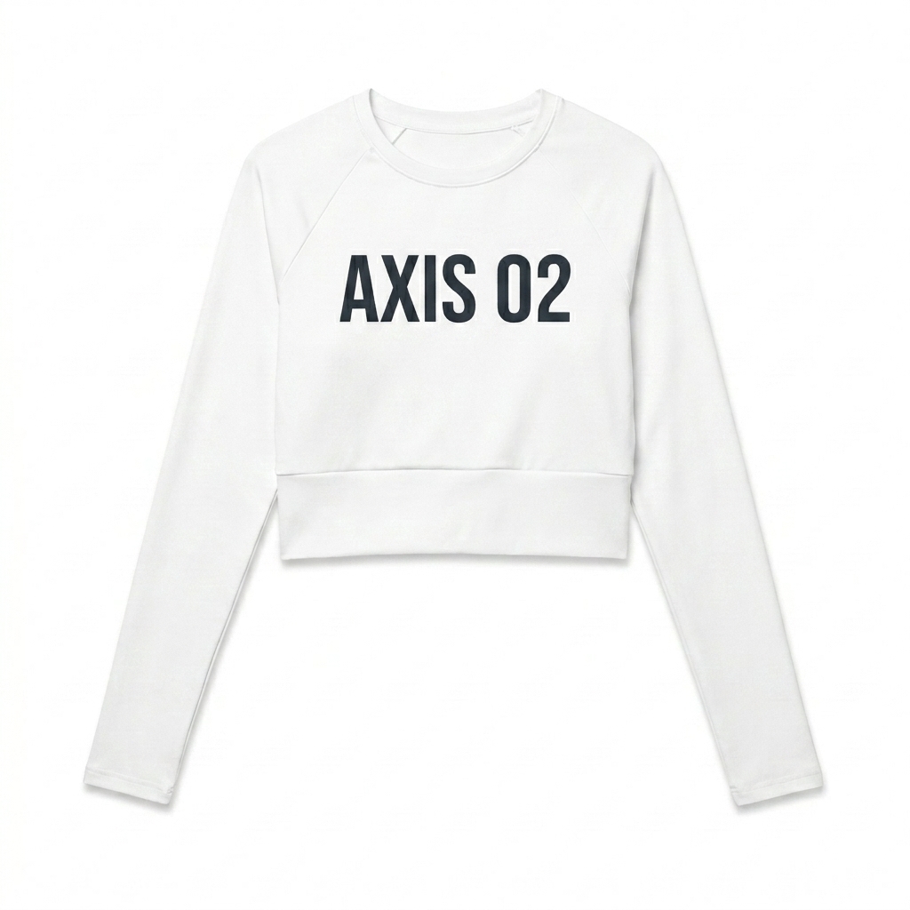 Custom All-Over Print Recycled Long Sleeve Crop Top design direction 2: Geometric Grid Pattern featuring the AXIS 02 wordmark