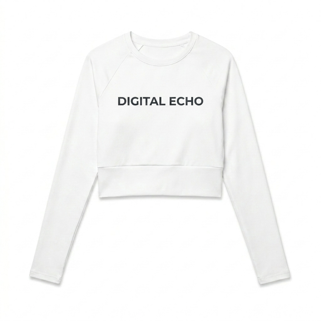 Custom All-Over Print Recycled Long Sleeve Crop Top design direction 3: Pixelated Glitch Effect featuring the DIGITAL ECHO wordmark