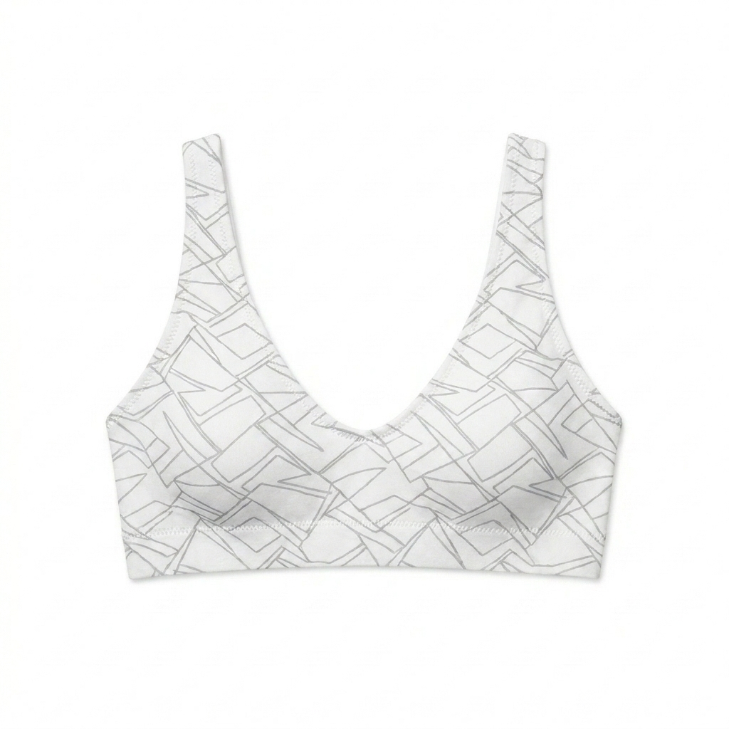 Custom Recycled Padded Bikini Top design direction 1: Abstract Geometric Pattern featuring the ORBIT wordmark