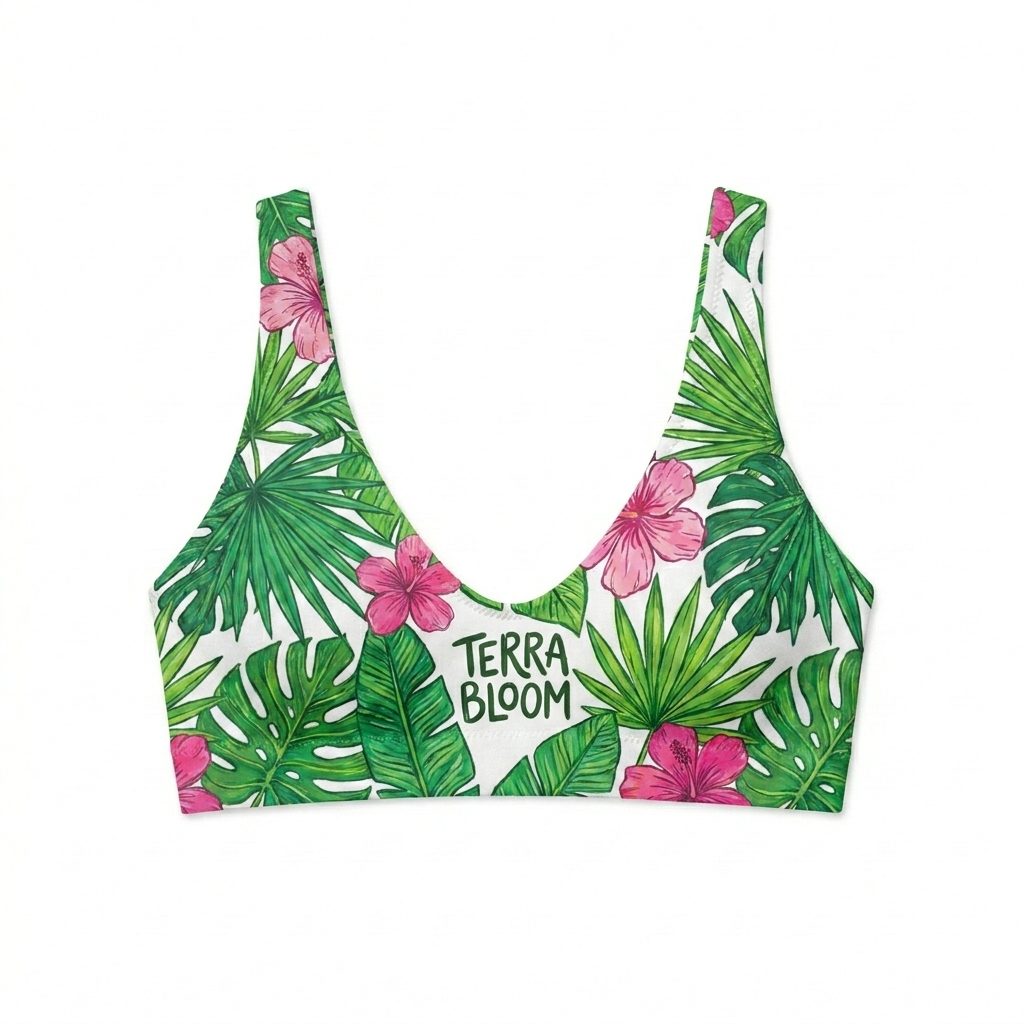 Custom Recycled Padded Bikini Top design direction 2: Tropical Botanical Illustration featuring the TERRA BLOOM wordmark