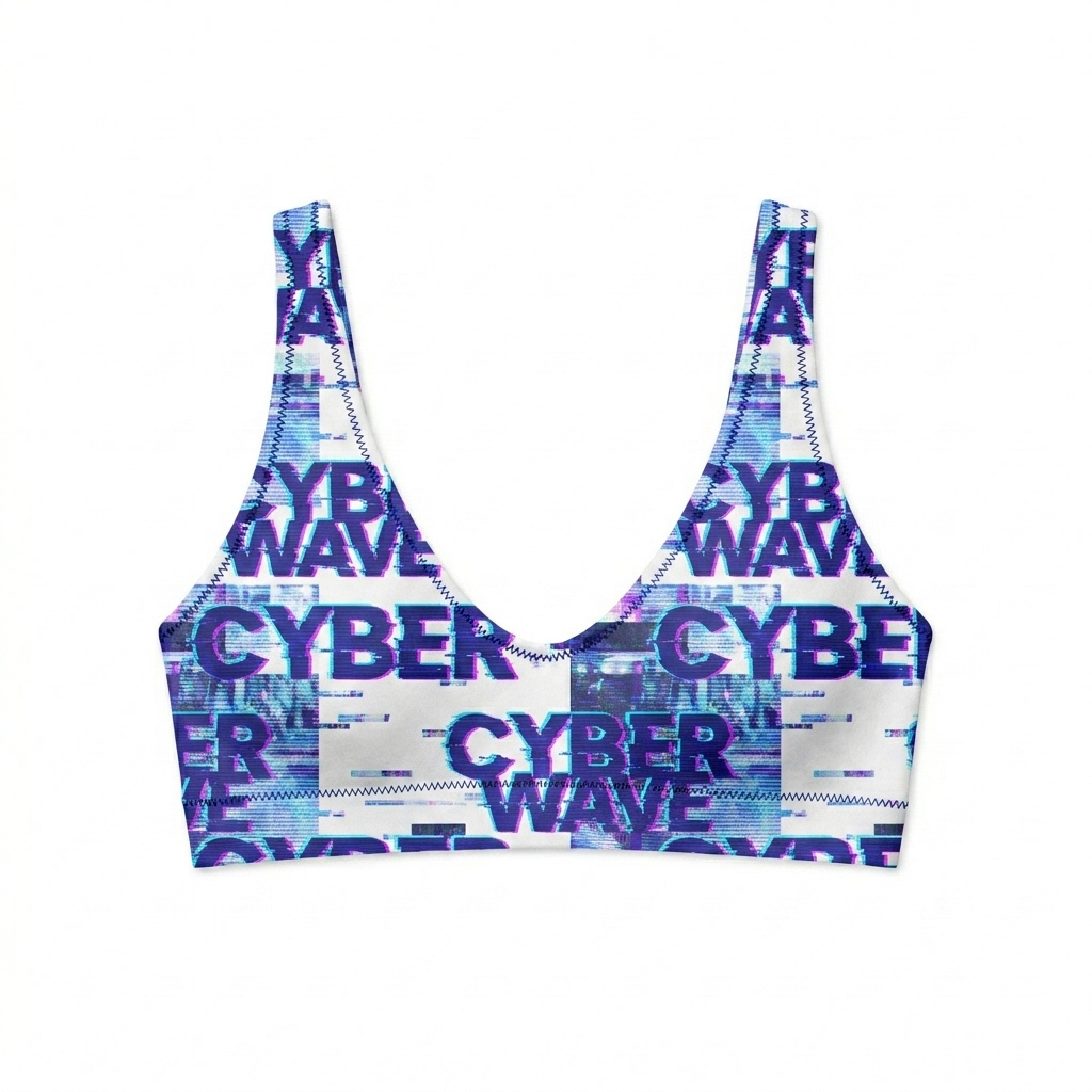 Custom Recycled Padded Bikini Top design direction 3: Y2K Digital Glitch featuring the CYBER WAVE wordmark