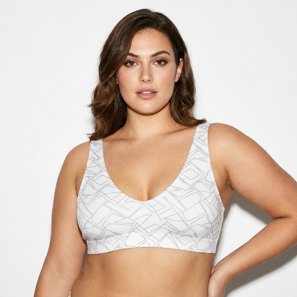 Recycled Padded Bikini Top worn by a curvy British female fashion influencer, sporty athleisure styling, studio lookbook — custom recycled padded bikini top
