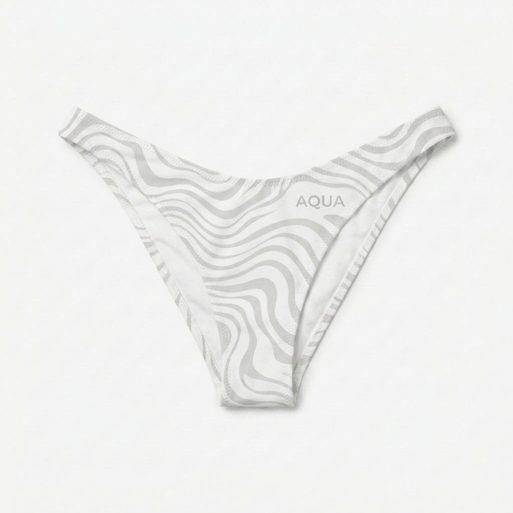 Custom Recycled V-Cut Bikini Bottom design direction 1: Tonal Wave Pattern featuring the AQUA wordmark