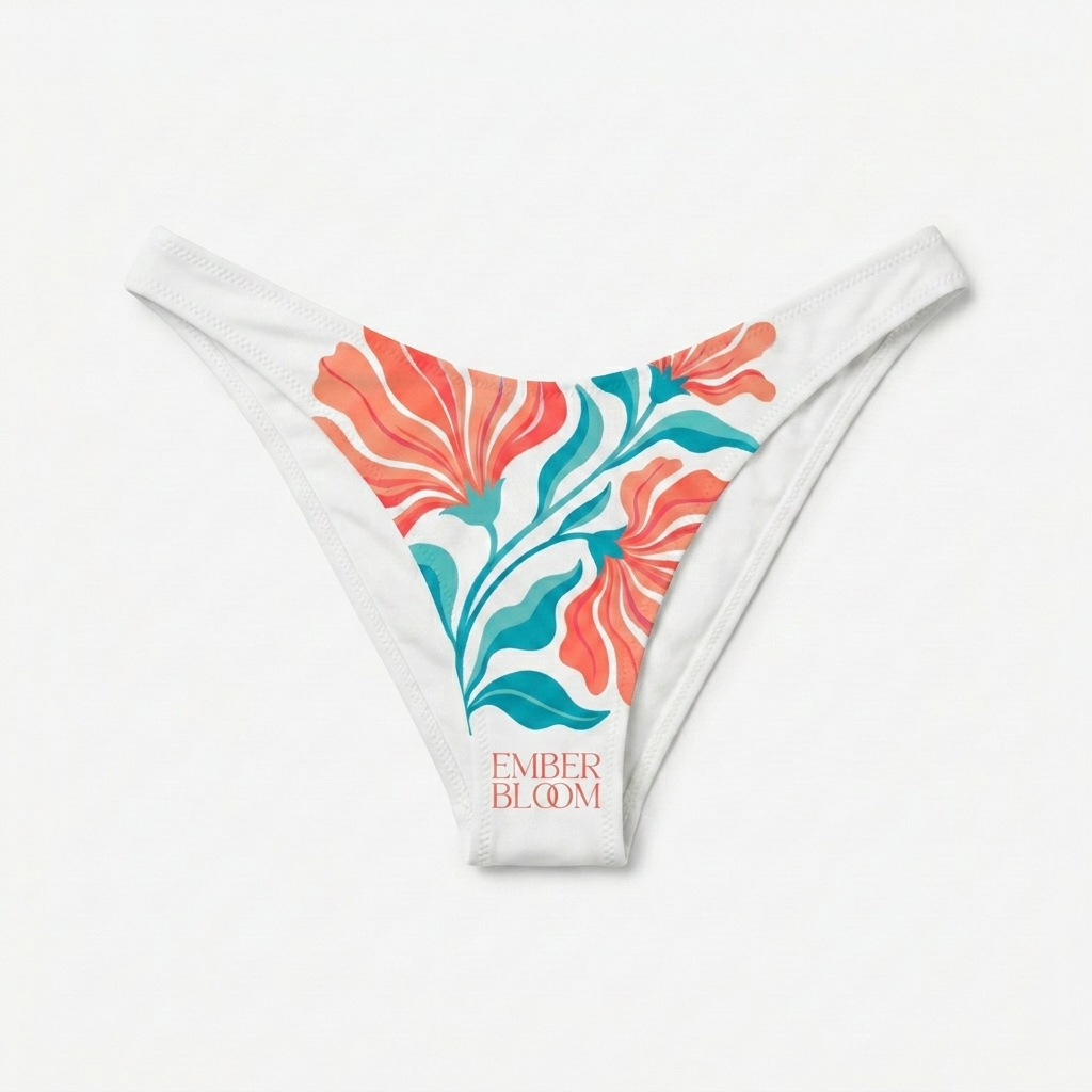 Custom Recycled V-Cut Bikini Bottom design direction 2: Abstract Floral Illustration featuring the EMBER BLOOM wordmark