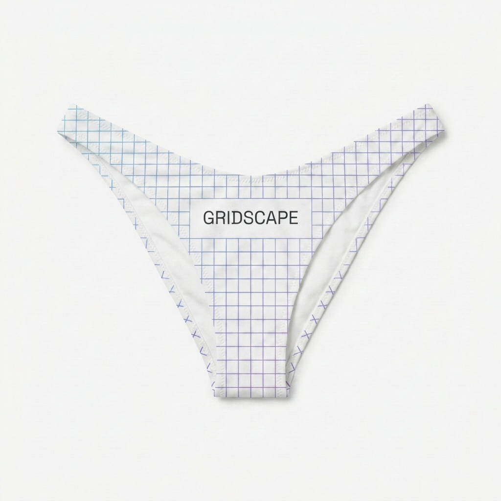 Custom Recycled V-Cut Bikini Bottom design direction 3: Geometric Grid Overlay featuring the GRIDSCAPE wordmark